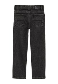 Svarta denimjeans med två bakfickor och en etikett som läser "Blue Ridge" på midjebandet, visade platt framifrån.
