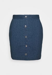 Jeanskjol med hög midja, försedd med knappslå framtill, silverknappar och en figurnära silhuett. Mörkblå färg och strukturerad tyg.