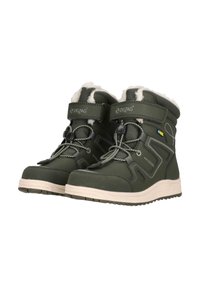 Grüne isolierte Stiefel mit einer Gummisohle, kuscheligem Futter, Schnür- und Riemenverschluss sowie strukturierten Designelementen.