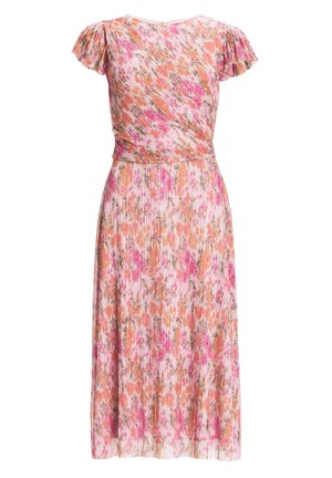 Abito midi floreale con maniche corte a volant, presenta un design plissettato nei toni del rosa, arancione e verde, con una vita aderente.