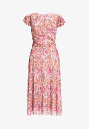 Bloemige midi-jurk met korte gerafelde mouwen, heeft een geplooid ontwerp in roze, oranje en groene tinten met een getailleerde taille.