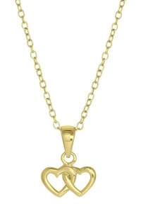 Gouden ketting met twee in elkaar grijpende hartpendanten, met een delicaat schakeltje en een gepolijste uitstraling.
