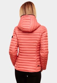 Coral puffer jacket with horizontal quilting, a hood, and black accents, featuring smooth, shiny fabric and a fitted design.