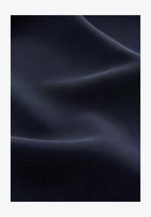 Dark blue fabric with a smooth, glossy texture and subtle ribbing pattern, gently folded to showcase its drape and reflective quality.