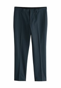 Dunkelblaugrüne, maßgeschneiderte Hosen mit einem Streifenmuster, flacher Vorderseite, zwei Seitentaschen und klassischem Schnitt. Glattes Material mit leichtem Glanz.