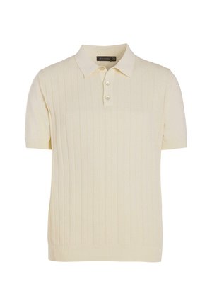 Kortærmet polo i cremefarve med lodret ribstrikket mønster og tre knapper i stolpen.