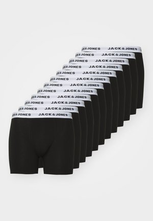Ett paket med svarta boxershorts med elastisk vit midja som har "JACK & JONES"-logotyp. Slät tyg och figurnära design.