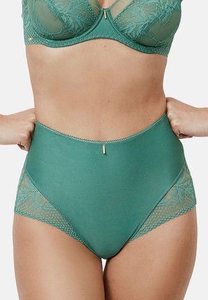 Culottes taille haute en dentelle et tissu en mesh teal avec des motifs floraux, un tissu texturé et un accent doré au niveau de la taille.