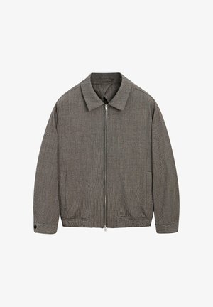 Grau kariertes Jackett mit Kragen, Reißverschluss vorne und Seitentaschen. Merkmale sind eine lockere Passform und ein strukturiertes Gewebe.