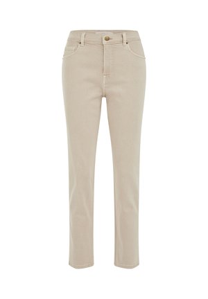 Beežid sirge säärega teksapüksid, ees nööp, tõmblukk, vööaasad ja viie taskuga disain.