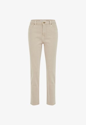 Beige Jeans mit geradem Bein, vorderer Knopfleiste, Reißverschluss, Gürtelschlaufen und Fünf-Taschen-Design.