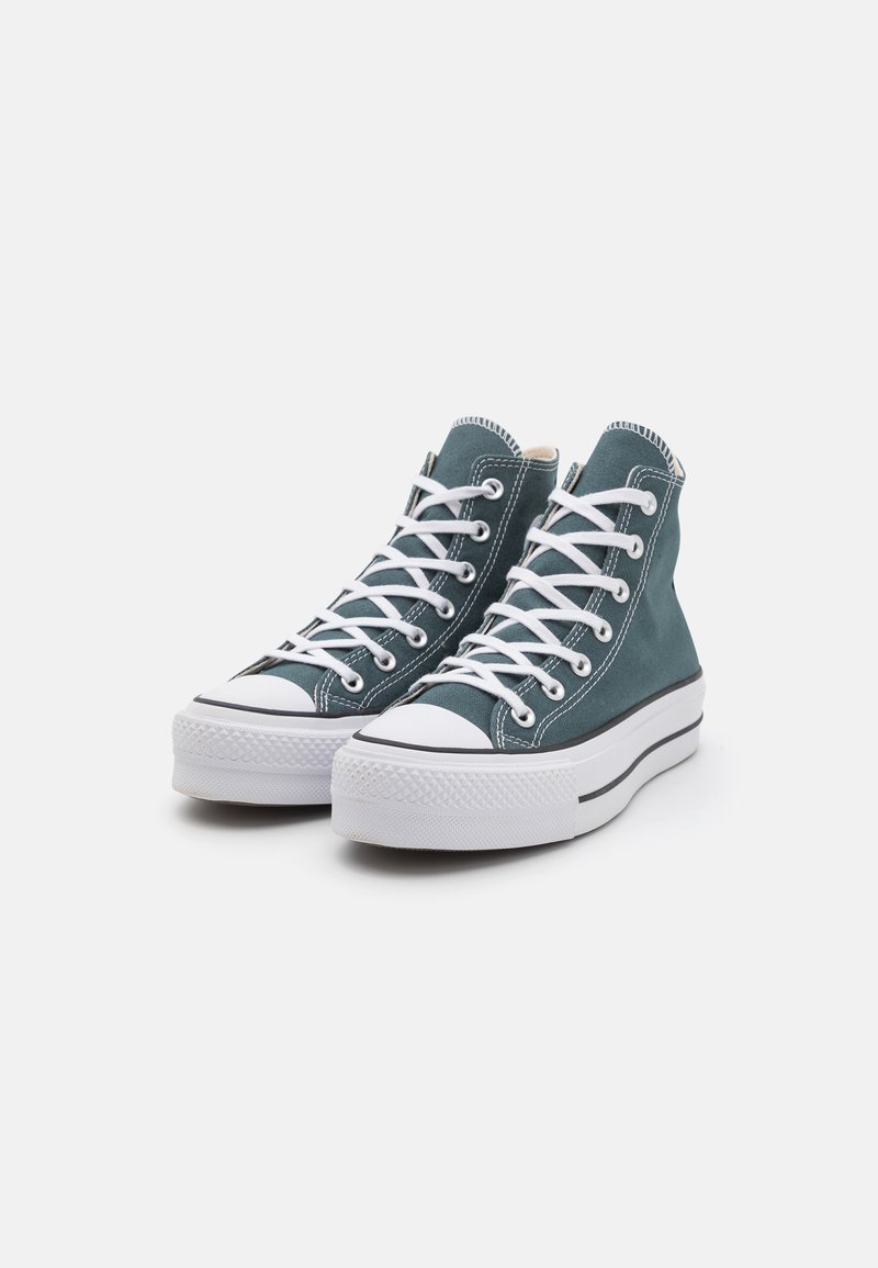 Baskets montantes en toile teal avec lacets blancs, semelle en caoutchouc texturée et bande noire. Présentent un bout arrondi et des détails cousus.