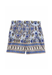 Pantaloni scurți cu model albastru, cu o bază bleu deschis, modele florale și geometrice detaliate în albastru, auriu și alb, cu talie elastică.