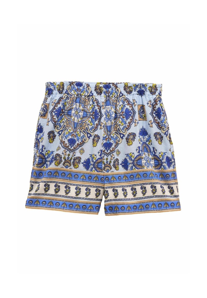 Pantaloni scurți cu model albastru, cu o bază bleu deschis, modele florale și geometrice detaliate în albastru, auriu și alb, cu talie elastică.