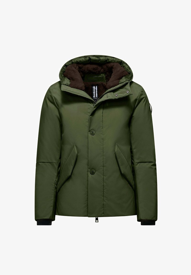 Olivengroene geïsoleerde jas met een capuchon gevoerd met faux bont, knoopsluiting, zijzakken en geribbelde manchetten voor warmte en comfort.