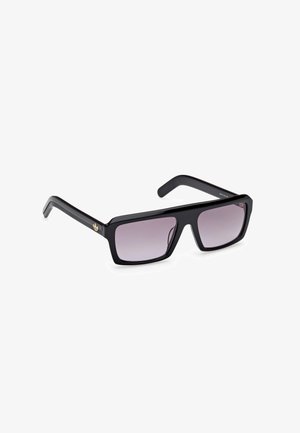Black rectangular sunglasses with gradient gray lenses, featuring a glossy plastic frame and subtle gold logo on the temples.