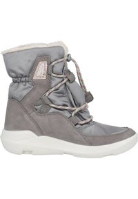 Wasserabweisende graue Knöchelstiefel aus Satin und Wildleder, mit bunten Schnürsenkeln, Fleece-Futter und einer weißen Gummisohle.