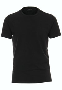 Czarna bawełniana koszulka z okrągłym dekoltem, krótkimi rękawami i gładką fakturą. Ma minimalistyczny design, metka rozmiaru medium wewnątrz.