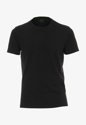 Czarna bawełniana koszulka z okrągłym dekoltem, krótkimi rękawami i gładką fakturą. Ma minimalistyczny design, metka rozmiaru medium wewnątrz.