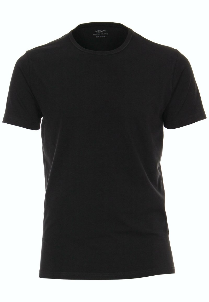 Czarna bawełniana koszulka z okrągłym dekoltem, krótkimi rękawami i gładką fakturą. Ma minimalistyczny design, metka rozmiaru medium wewnątrz.