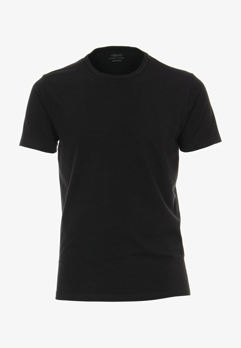 Czarna bawełniana koszulka z okrągłym dekoltem, krótkimi rękawami i gładką fakturą. Ma minimalistyczny design, metka rozmiaru medium wewnątrz.