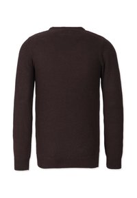 Brauner Strickpullover mit strukturierter Musterung, langen Ärmeln, Rundhalsausschnitt und gerippten Bündchen und Saum. Rückansicht, ohne sichtbare Hardware oder Akzente.