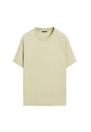 Lichtgroene katoen t-shirt met korte mouwen, ronde hals en een relaxte pasvorm. Eenvoudig, effen kleur zonder zichtbare patronen of versieringen.