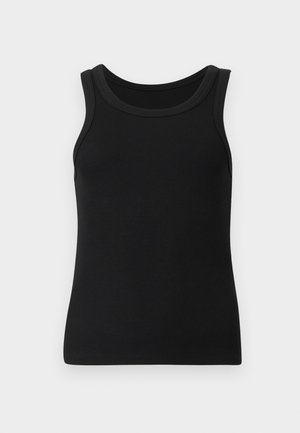 Débardeur noir côtelé sans manches avec col rond, design simple, présenté sur un fond clair uni.