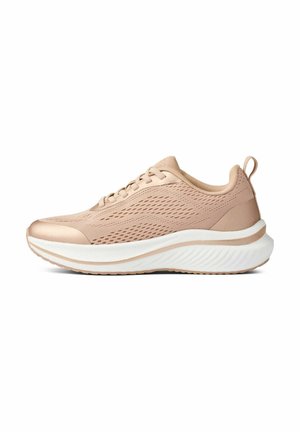 Zapatillas deportivas rosa claro con una parte superior de malla transpirable, detalles texturizados y una suela blanca gruesa con un patrón ondulado y una lengüeta para tirar.