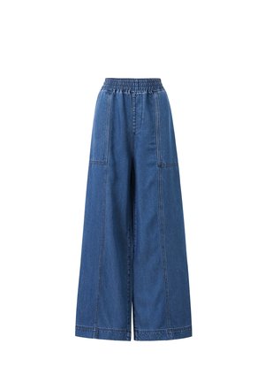Denimweite Beinhosen mit elastischem Bund, versehen mit vertikalen Nahtlinien und in einem mittleren Blauton, gefertigt aus robustem Baumwollstoff.