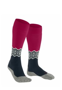 Kniestrümpfe in Dunkelblau und Pink, mit einem weißen gemusterten Akzent nahe der Oberseite sowie einer grauen Zehen- und Fersenpartie. Aus dehnbarem Stoff hergestellt.
