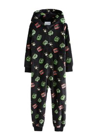 Black fleece onesie featuring a hood, zip front, and vibrant patterns of green and red block shapes with white accents.
