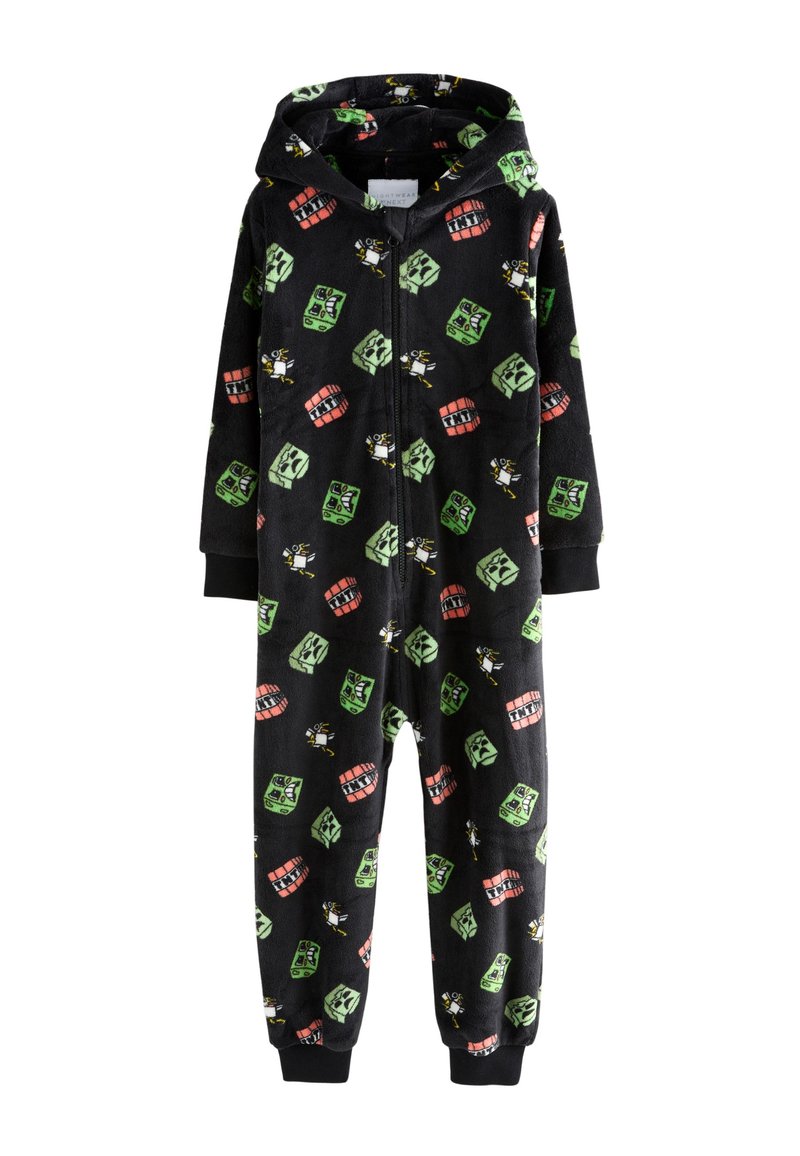 Black fleece onesie featuring a hood, zip front, and vibrant patterns of green and red block shapes with white accents.