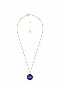 Collana d'oro con una catena sottile, dotata di un ciondolo rotondo blu decorato con stelle e un design a onde. Lunghezza regolabile con chiusura a gancio.
