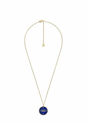 Collier en or avec une fine chaîne, présenté avec un pendentif rond bleu décoré d'étoiles et d'un motif de vague. Longueur ajustable avec fermoir.