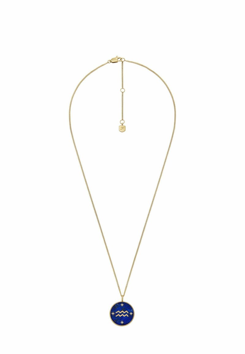 Collana d'oro con una catena sottile, dotata di un ciondolo rotondo blu decorato con stelle e un design a onde. Lunghezza regolabile con chiusura a gancio.