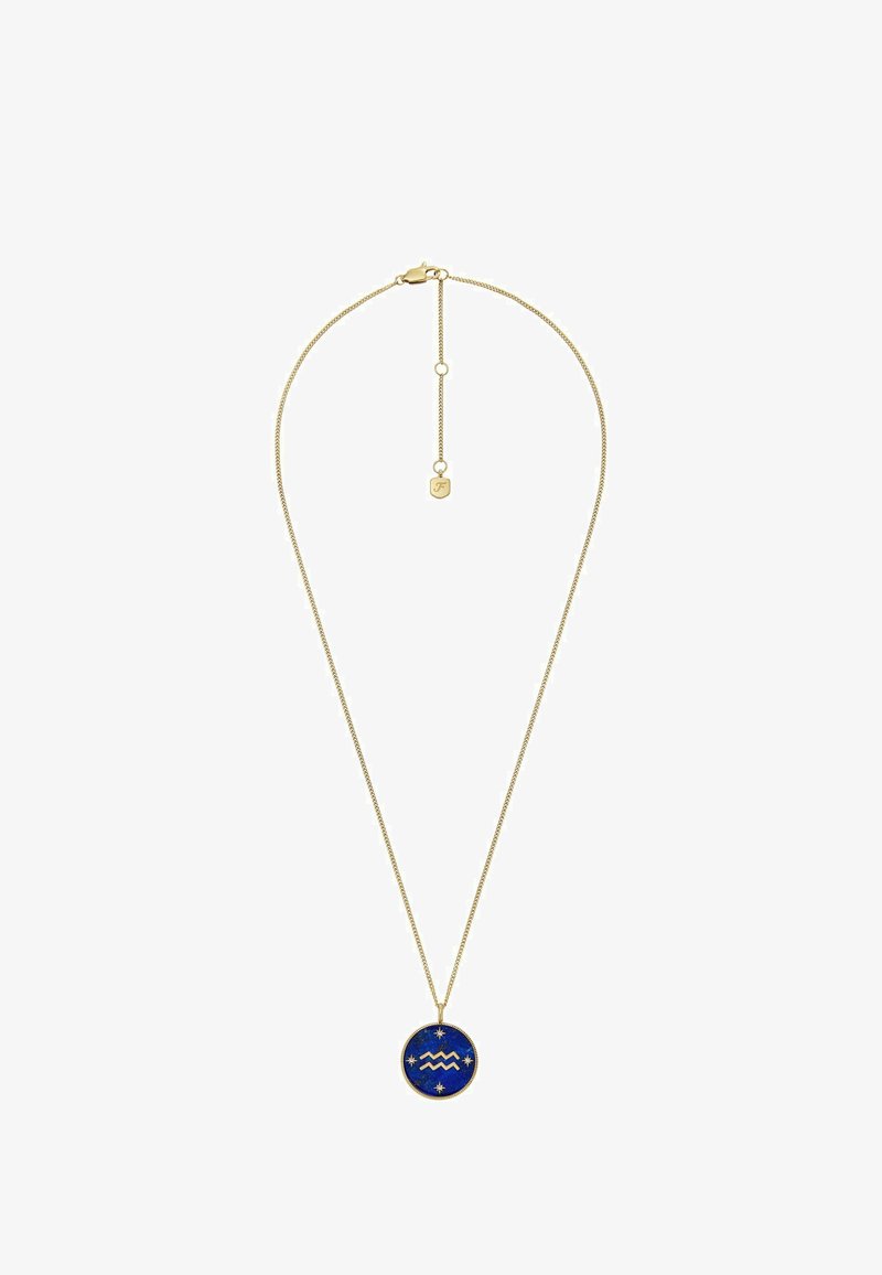 Collana d'oro con una catena sottile, dotata di un ciondolo rotondo blu decorato con stelle e un design a onde. Lunghezza regolabile con chiusura a gancio.