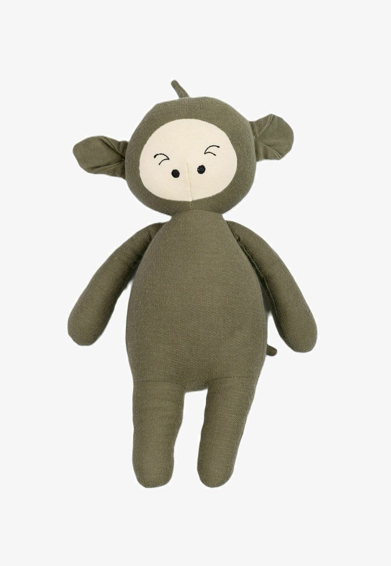 Zachte, olijfgroene knuffelmonkey met een crèmekleurig gezicht, grote oren en gestikte ogen; ronde lichaam en eenvoudig ontwerp.