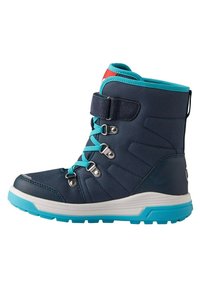 Bottes à neige bleu marine avec des accents turquoise, présentant un dessus texturé, un système de fermeture à lacets et à sangle, et une semelle en caoutchouc blanche avec une semelle bleue.