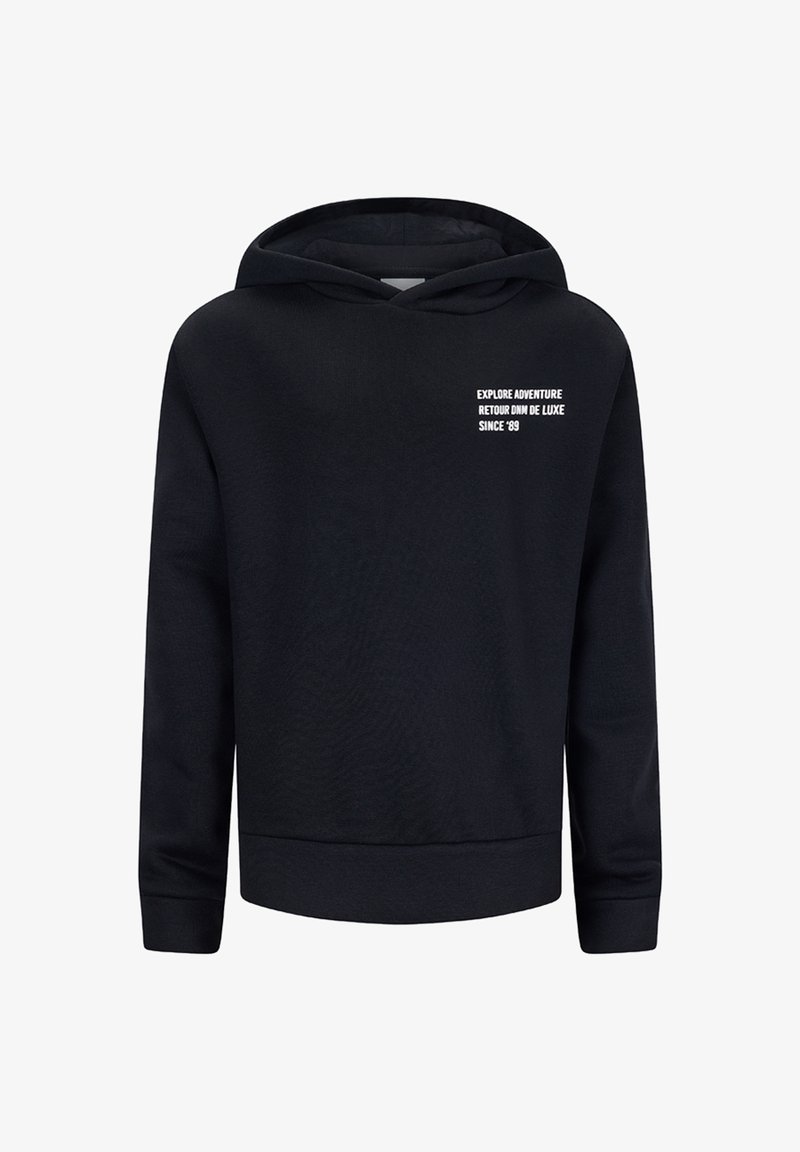 Felpa nera con tasca a marsupio, polsini e orlo a coste. Presenta un testo bianco che dice "ESPLORA AVVENTURA RITORNO DNM DI LUSSO DAL '89."