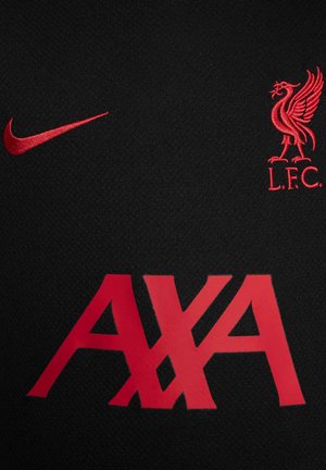 Maillot de sport en tissu noir avec un swoosh rouge de Nike, un logo rouge de Liverpool FC et "AXA" en lettres rouges en gras en bas.
