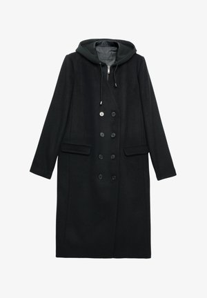 Long black double-breasted wool coat with flap pockets and attached black hood with drawstrings and zipper closure.