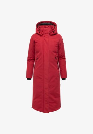 Red long puffer coat with a high neck, adjustable hood, and two side pockets. Features black accents at cuffs and zippers. Smooth texture.