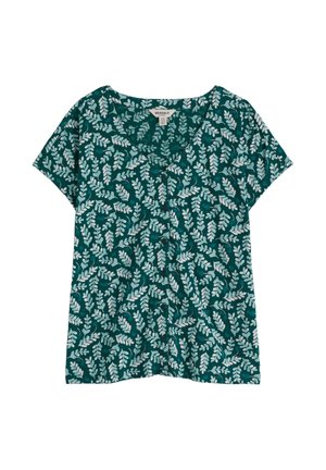 Blusa de manga corta color azul verdoso con estampado de enredadera blanca y botones delanteros, etiquetada como Seasalt, extendida sobre fondo blanco.
