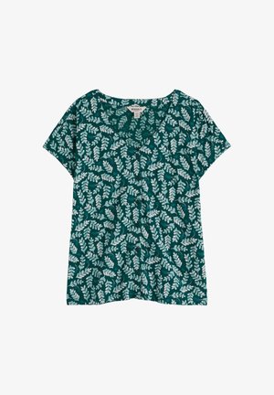 Blouse courte à manches courtes couleur sarcelle avec motif de vigne feuillue blanche et boutons sur le devant, étiquetée Seasalt, posée à plat sur fond blanc.