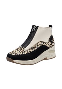 Black and beige ankle boots with leopard print, featuring a zip closure, textured suede, and cushioned sole for comfort.