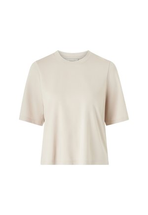 T-shirt a maniche corte con collo a giro in beige chiaro, realizzato in tessuto liscio con una vestibilità rilassata e un design pulito e minimale. Nessun motivo o accento visibile.