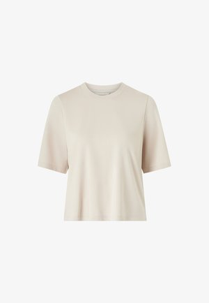 T-shirt a maniche corte con collo a giro in beige chiaro, realizzato in tessuto liscio con una vestibilità rilassata e un design pulito e minimale. Nessun motivo o accento visibile.