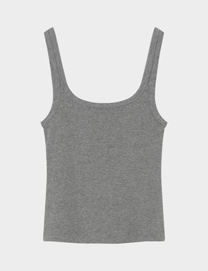 Débardeur en tissu côtelé gris avec larges bretelles et encolure carrée, présenté à plat sur un fond clair.