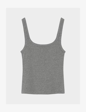 Maiou gri din țesătură canelată, cu bretele late și decolteu pătrat, prezentat întins pe un fundal deschis.